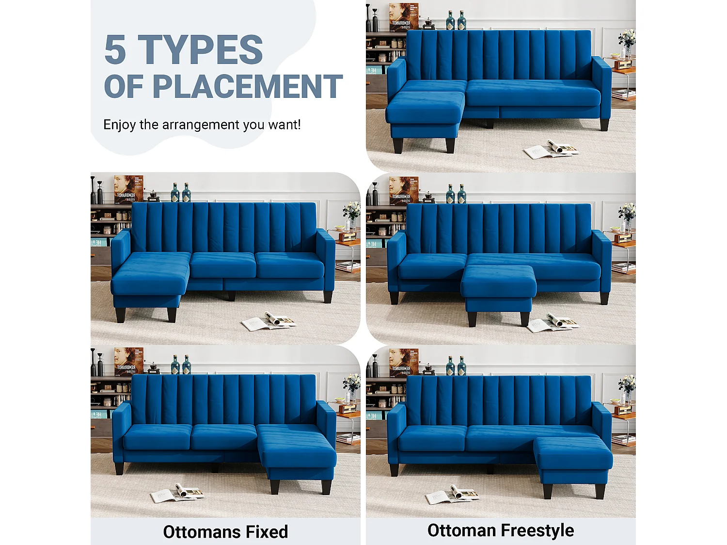 Canapé d'angle 3/4 places réversible en tissu bleu - méridienne ou pouf - rayures verticales - 208x76x85cm