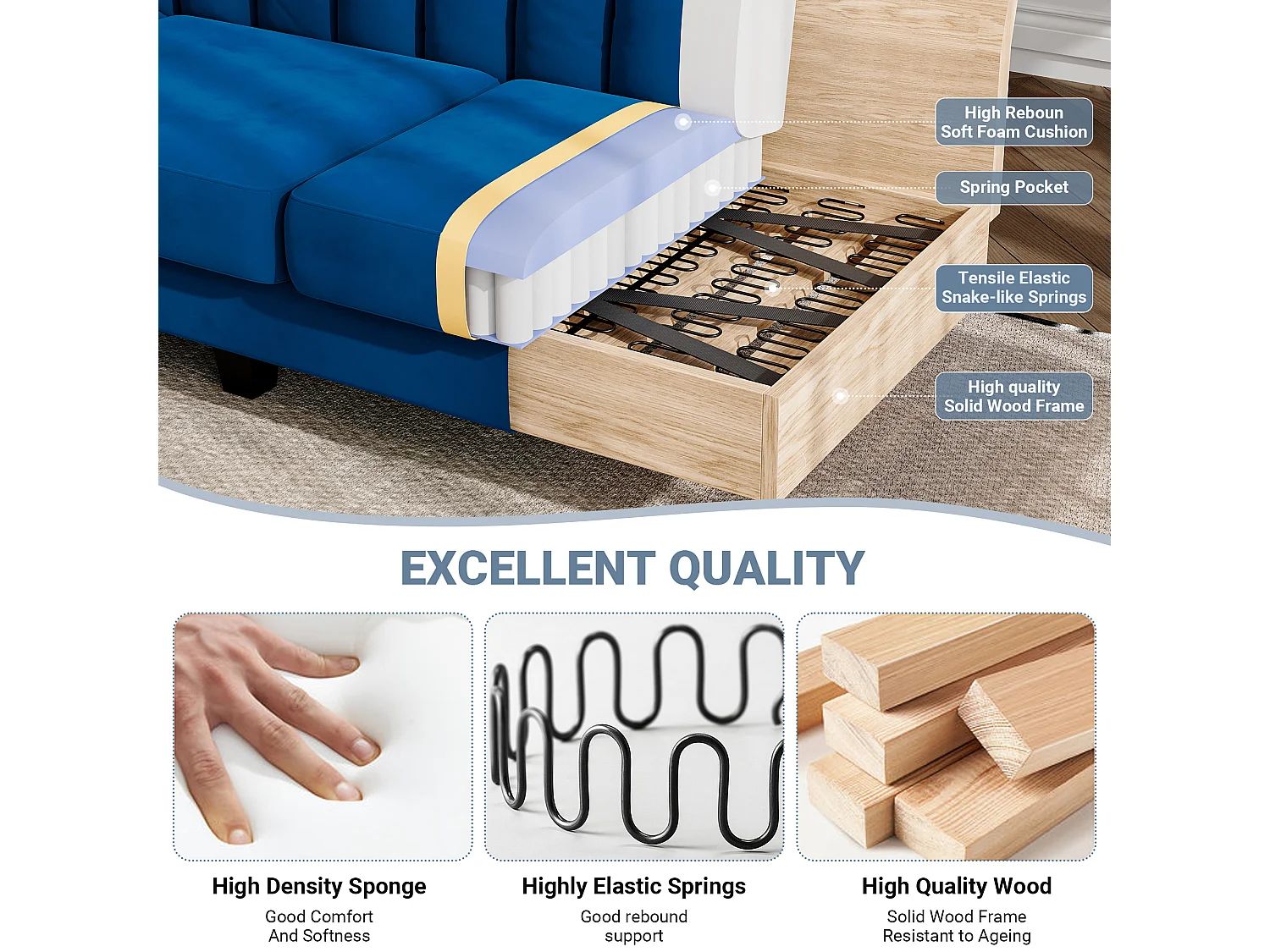 Canapé d'angle 3/4 places réversible en tissu bleu - méridienne ou pouf - rayures verticales - 208x76x85cm