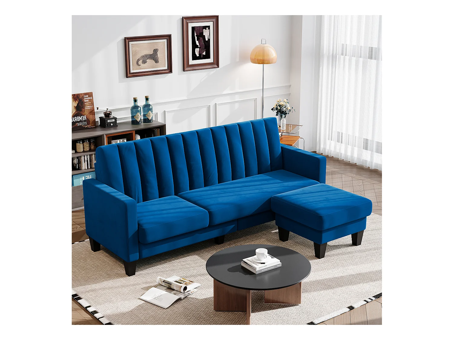 Reversible 3/4 -Setzer -Ecksofa in blauem Stoff - Meridian oder Pouf - vertikale Streifen - 208x76x85 cm