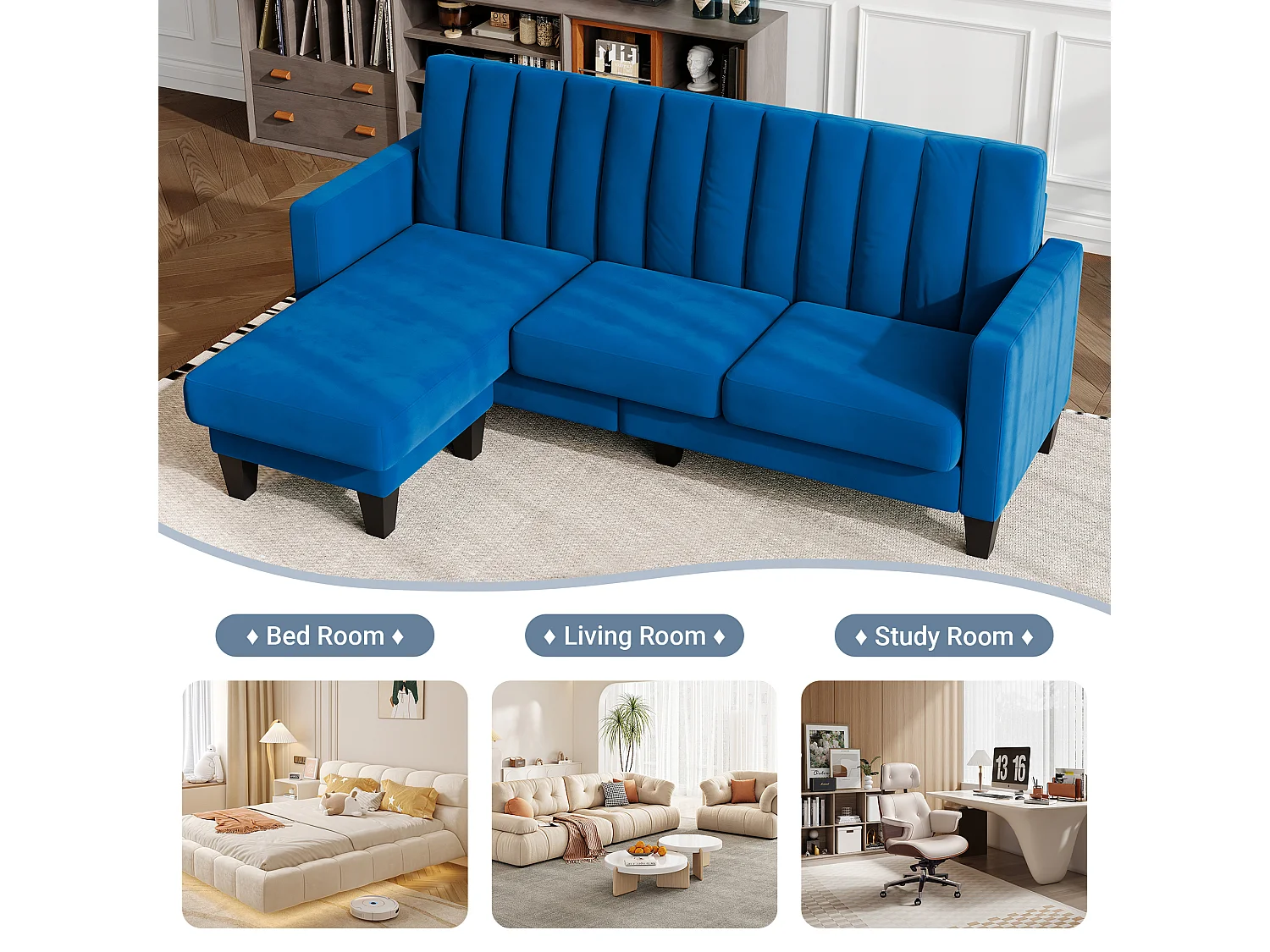 Canapé d'angle 3/4 places réversible en tissu bleu - méridienne ou pouf - rayures verticales - 208x76x85cm