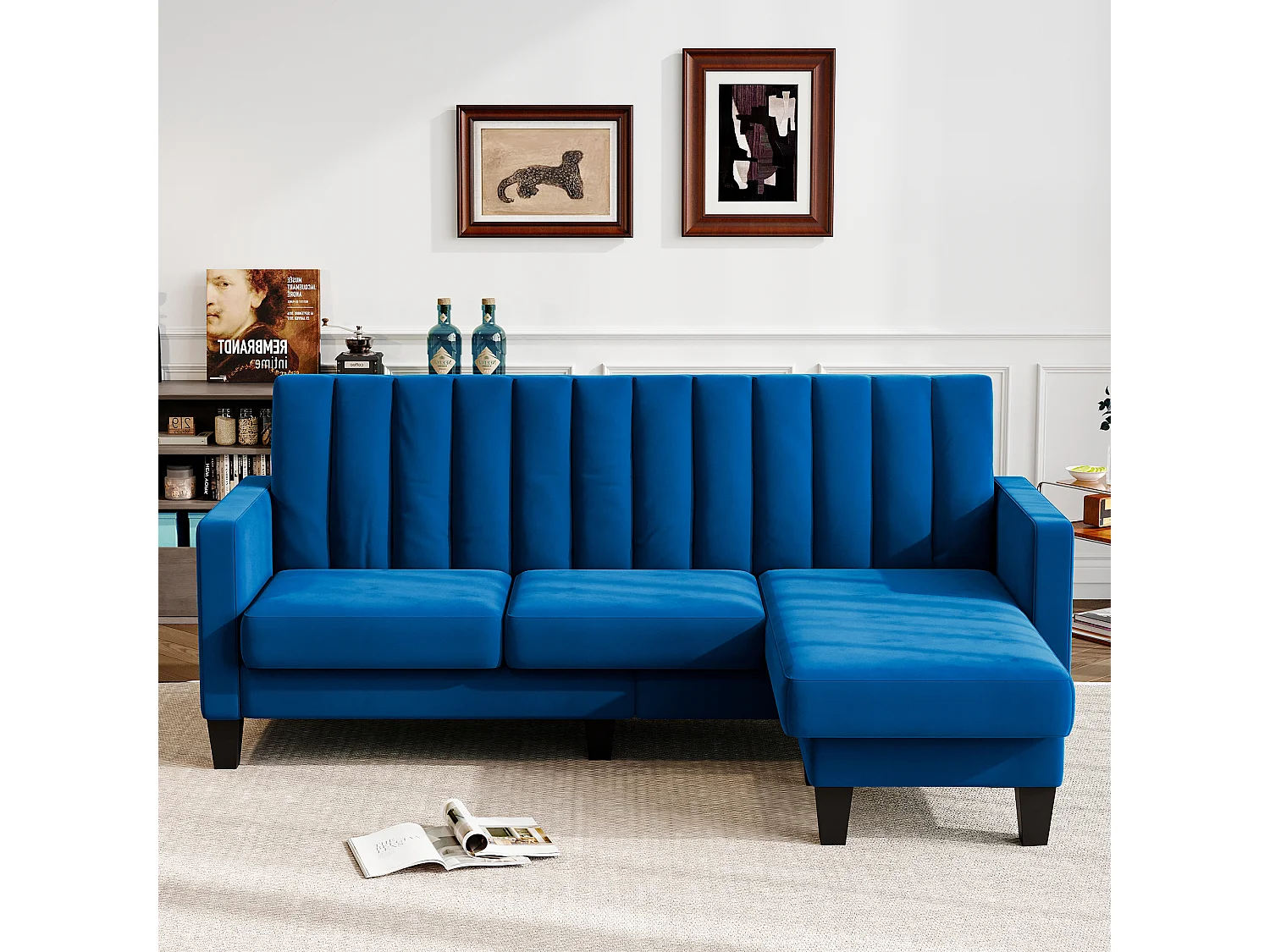 Canapé d'angle 3/4 places réversible en tissu bleu - méridienne ou pouf - rayures verticales - 208x76x85cm