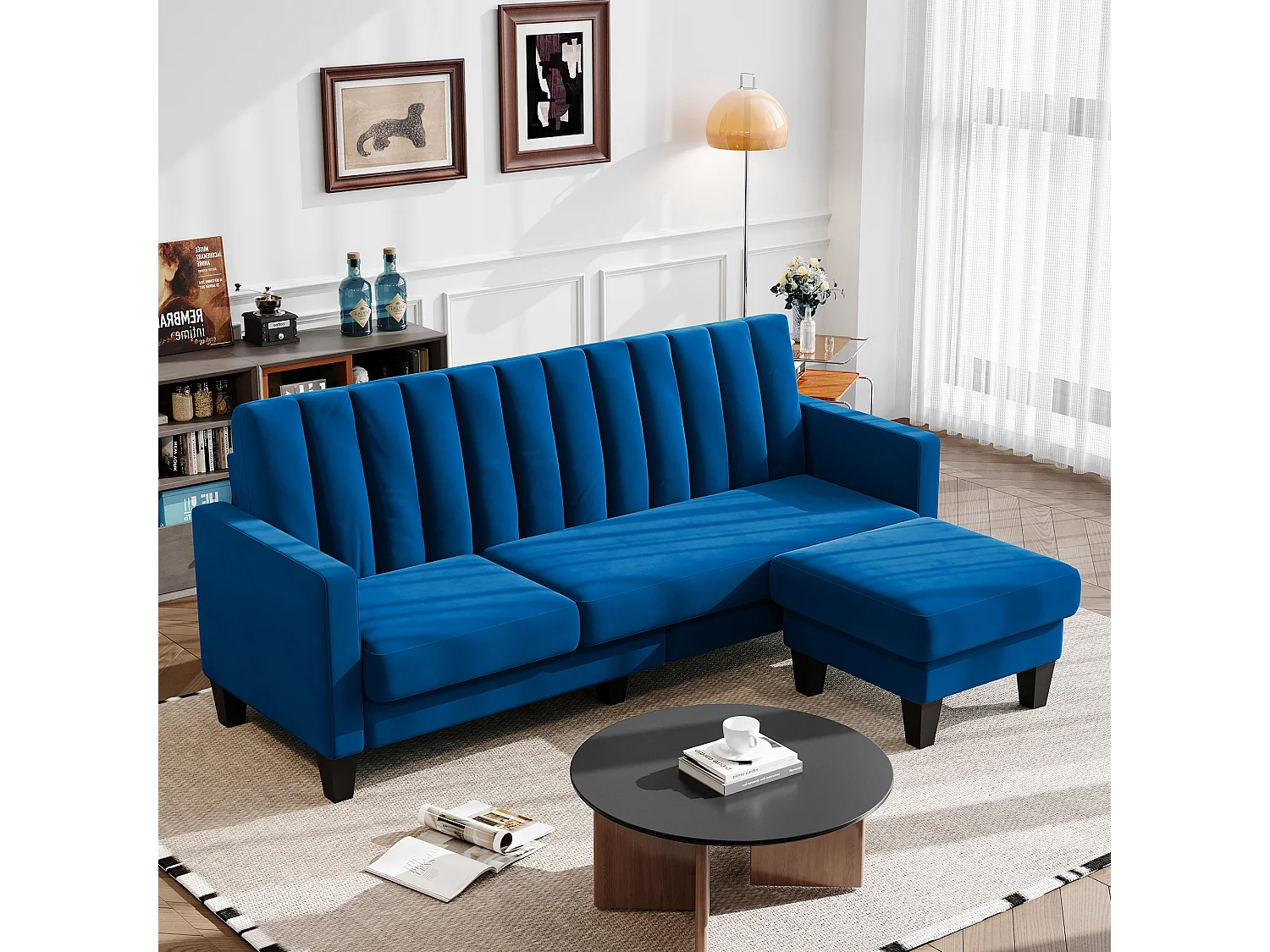 Canapé d'angle 3/4 places réversible en tissu bleu - méridienne ou pouf - rayures verticales - 208x76x85cm