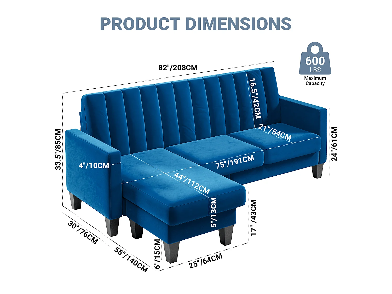 Canapé d'angle 3/4 places réversible en tissu bleu - méridienne ou pouf - rayures verticales - 208x76x85cm