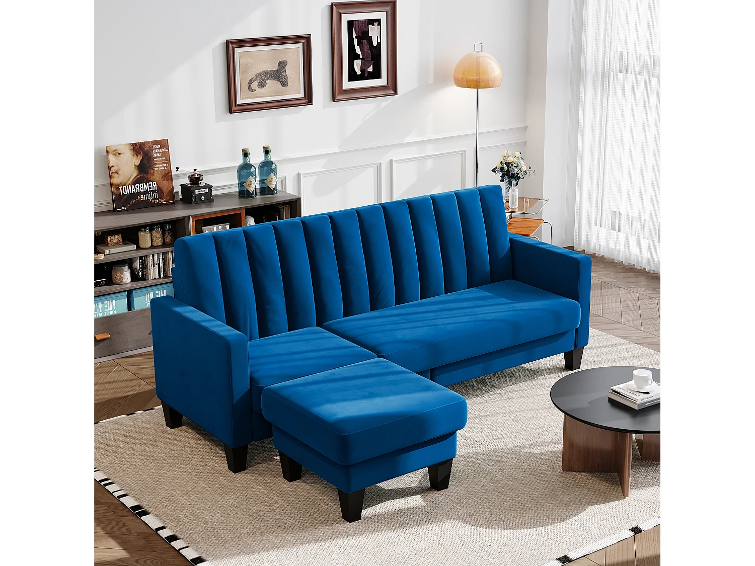 Canapé d'angle 3/4 places réversible en tissu bleu - méridienne ou pouf - rayures verticales - 208x76x85cm