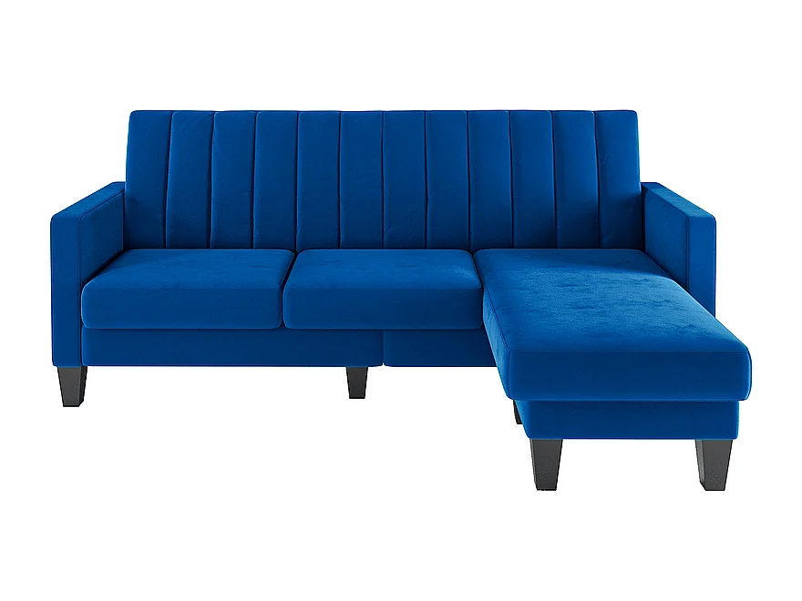 Canapé d'angle 3/4 places réversible en tissu bleu - méridienne ou pouf - rayures verticales - 208x76x85cm