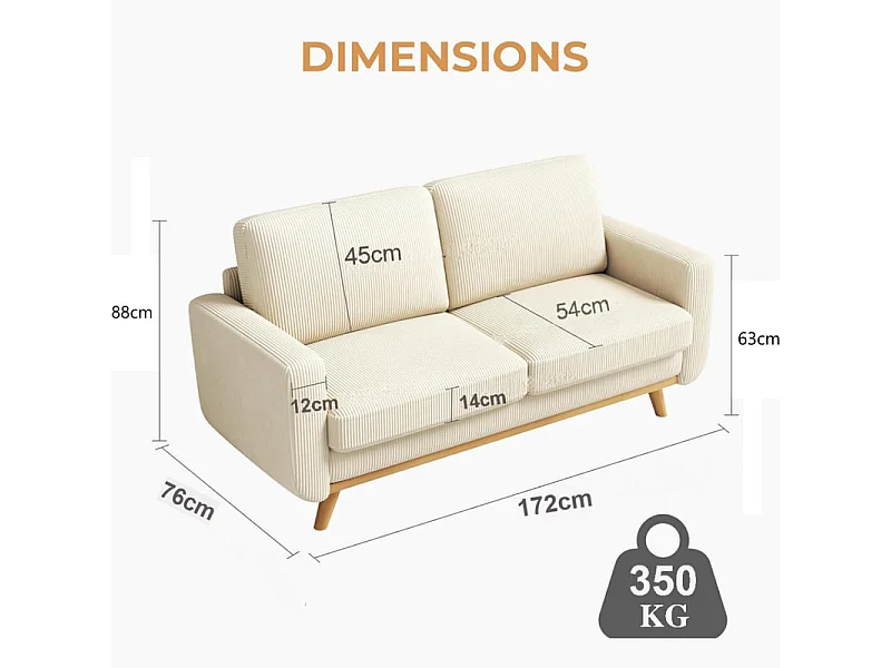 Canapé 2 places, canapé en bois massif, avec siège extra profond, Siège avec Dossier Rembourré - 172x76x88CM