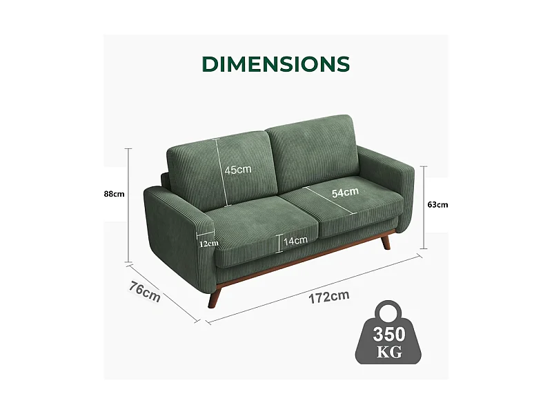 Canapé 2 places, canapé en bois massif, avec siège extra profond, Siège avec Dossier Rembourré - 172x76x88CM