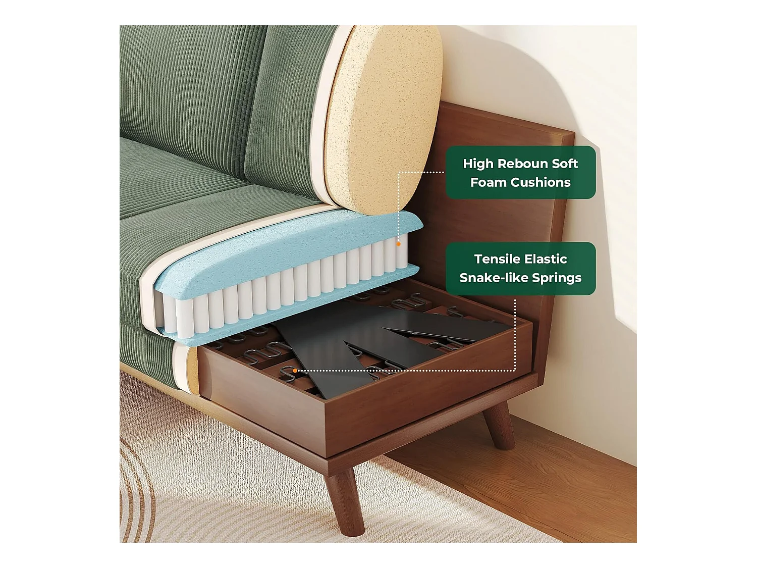 Canapé 2 places, canapé en bois massif, avec siège extra profond, Siège avec Dossier Rembourré - 172x76x88CM