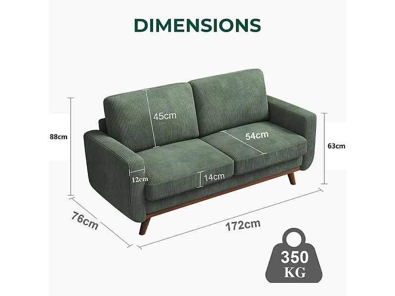 Canapé 2 places, canapé en bois massif, avec siège extra profond, Siège avec Dossier Rembourré - 172x76x88CM