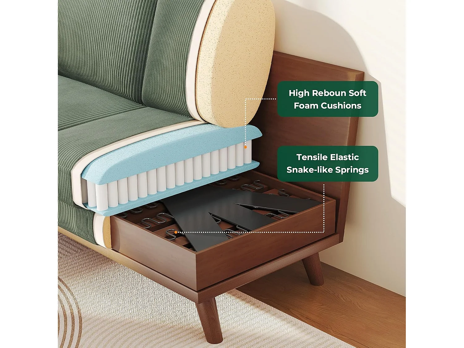 Canapé 2 places, canapé en bois massif, avec siège extra profond, Siège avec Dossier Rembourré - 172x76x88CM