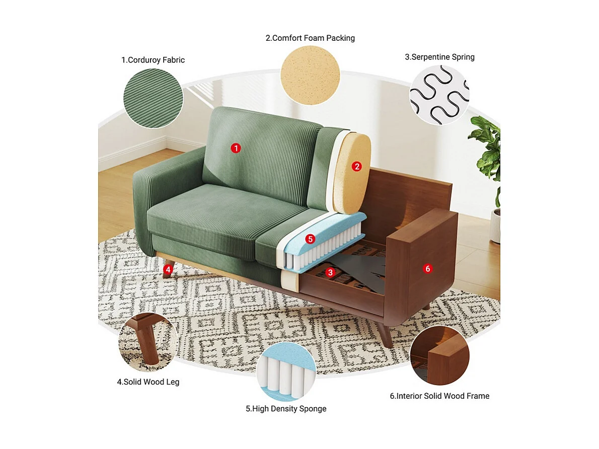 2-zits bank, massief houten bank, met extra diepe zitting, Zitting met gevoerde rugleuning - 172x76x88CM
