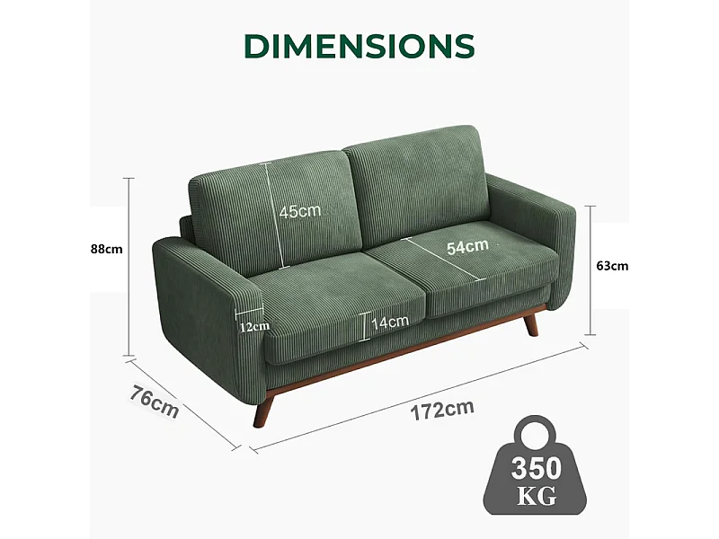 Divano 2 posti in legno massiccio, con sedile extra profondo, sedile con schienale imbottito - 172x76x88cm