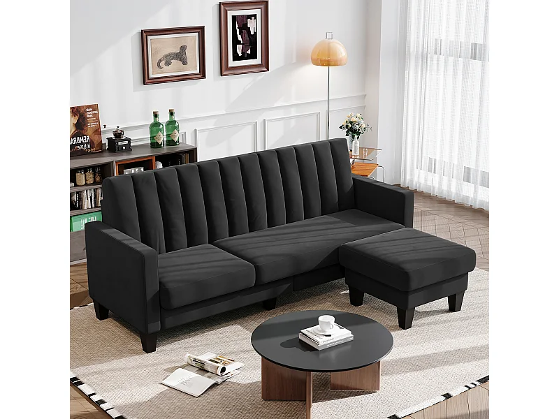 Reversible 3/4 -Setzer -Ecksofa in schwarzem Stoff - Meridian oder Pouf - vertikale Streifen - 208x76x85 cm