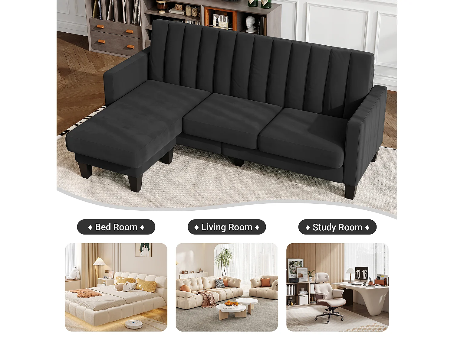 210CM hoekbank, omkeerbare hoekfauteuil, omkeerbare converteerbaar, 3-4 zitplaatsen, Verticaal gestreepte fluwelen stof