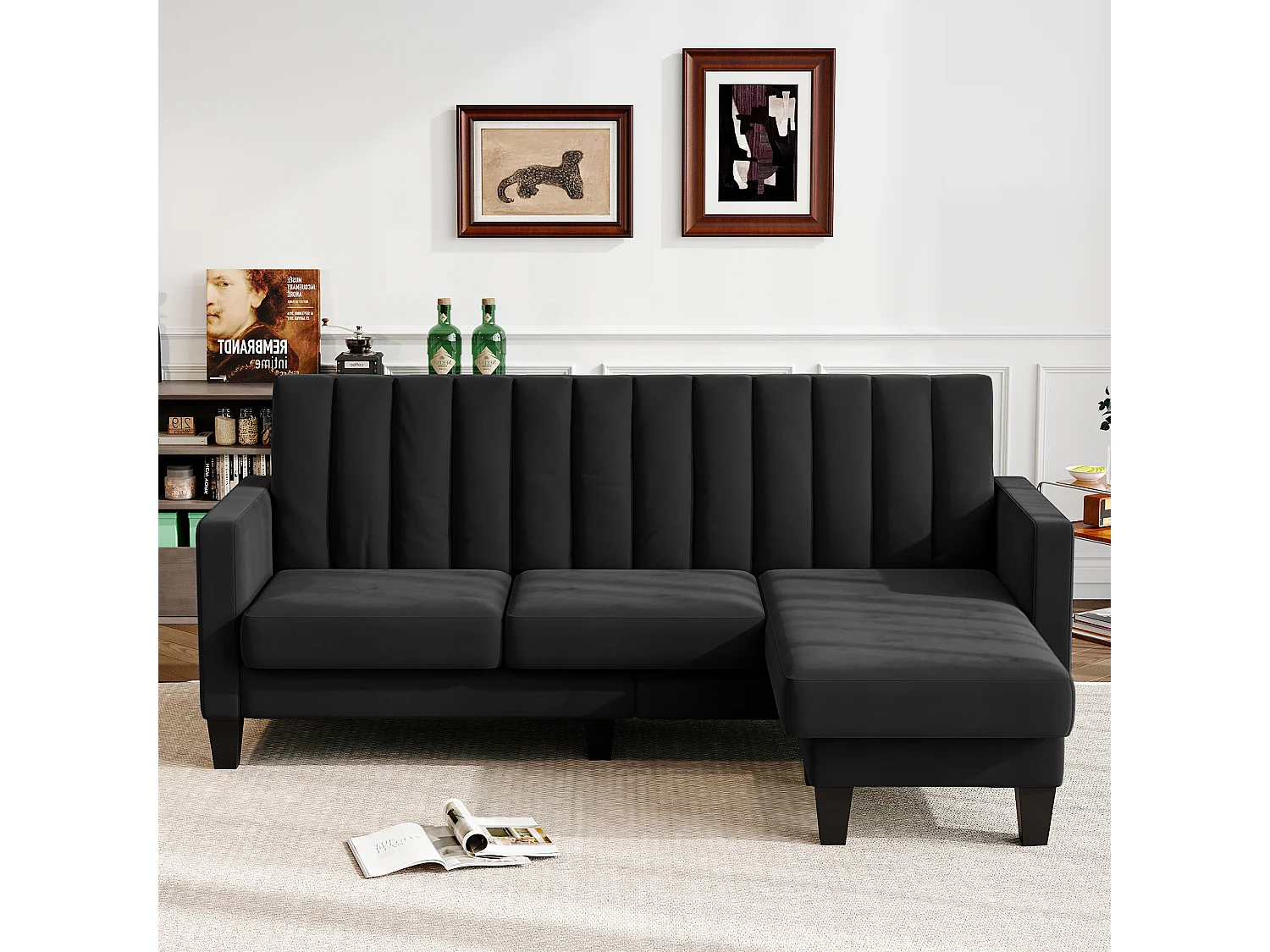 210CM hoekbank, omkeerbare hoekfauteuil, omkeerbare converteerbaar, 3-4 zitplaatsen, Verticaal gestreepte fluwelen stof