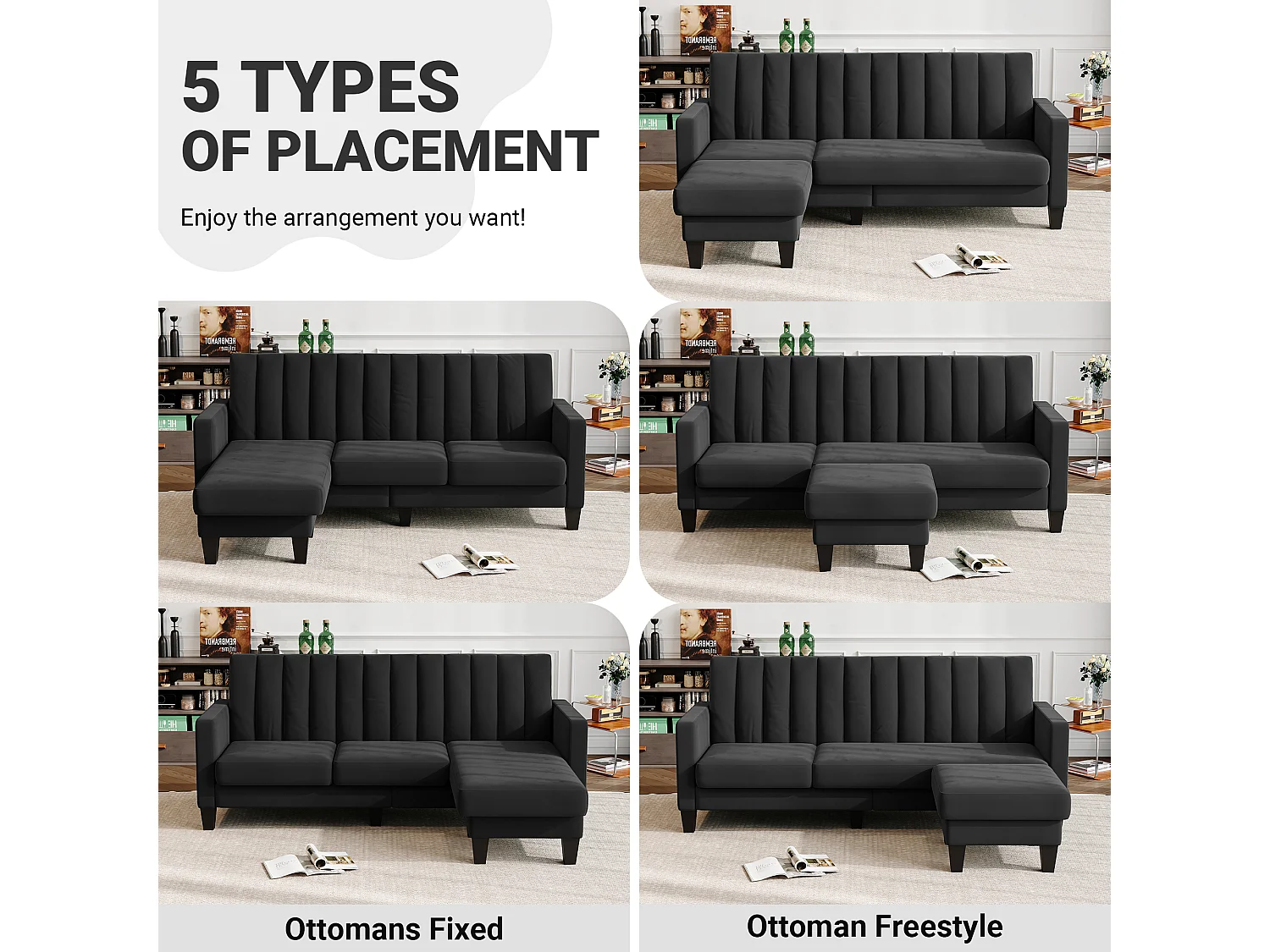 210CM hoekbank, omkeerbare hoekfauteuil, omkeerbare converteerbaar, 3-4 zitplaatsen, Verticaal gestreepte fluwelen stof