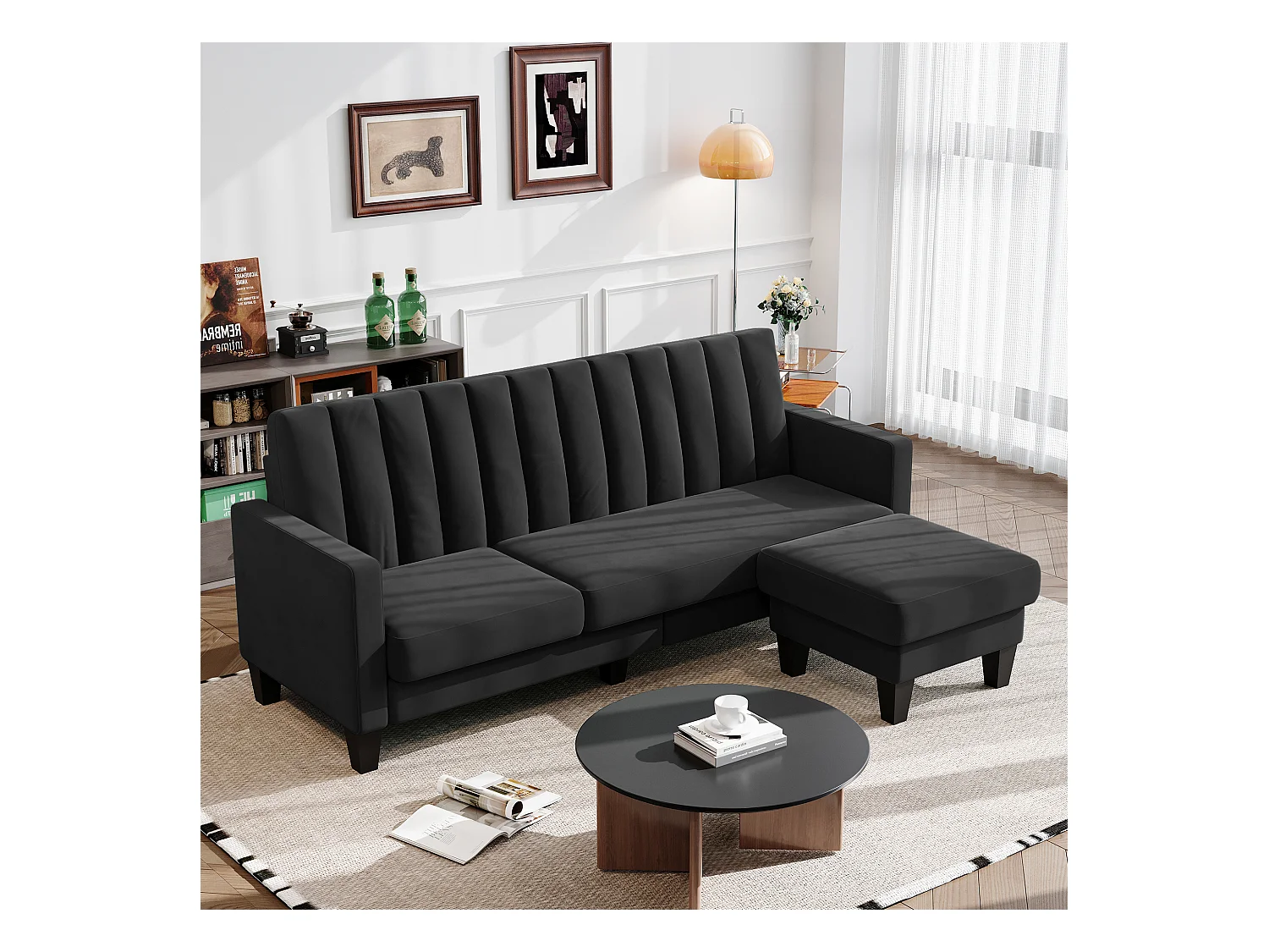 Reversible 3/4 -Setzer -Ecksofa in schwarzem Stoff - Meridian oder Pouf - vertikale Streifen - 208x76x85 cm