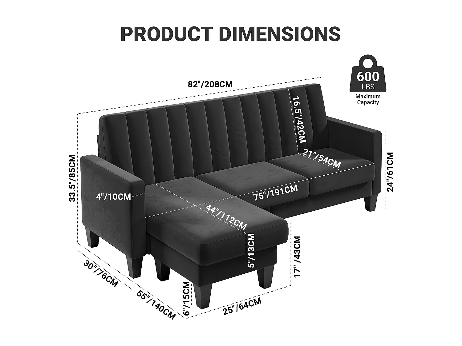210CM hoekbank, omkeerbare hoekfauteuil, omkeerbare converteerbaar, 3-4 zitplaatsen, Verticaal gestreepte fluwelen stof