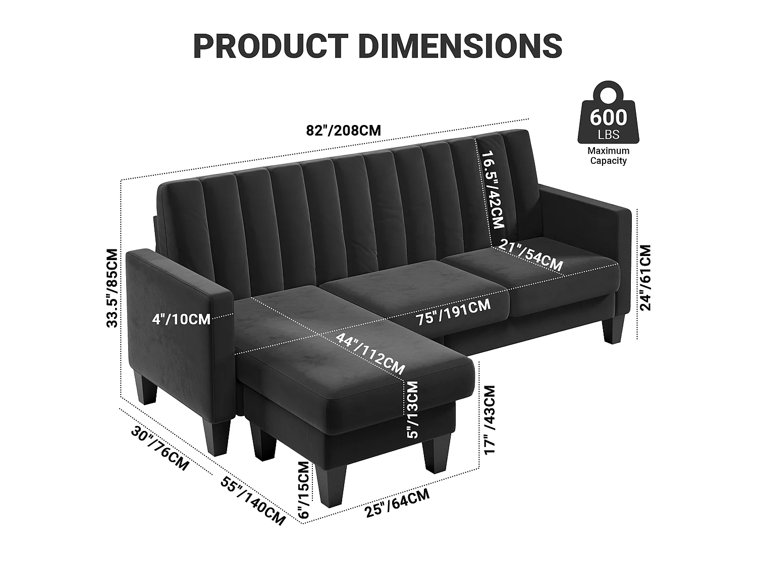 210CM hoekbank, omkeerbare hoekfauteuil, omkeerbare converteerbaar, 3-4 zitplaatsen, Verticaal gestreepte fluwelen stof