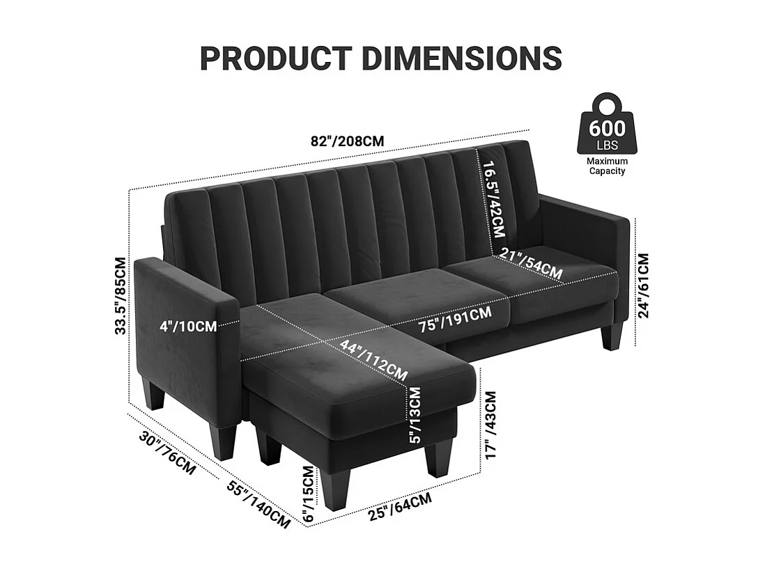 Reversible 3/4 -Setzer -Ecksofa in schwarzem Stoff - Meridian oder Pouf - vertikale Streifen - 208x76x85 cm