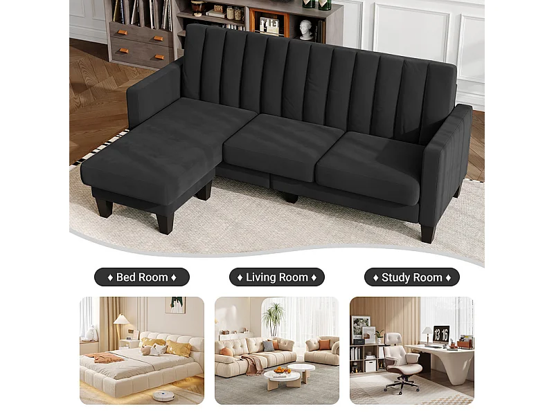 Reversible 3/4 -Setzer -Ecksofa in schwarzem Stoff - Meridian oder Pouf - vertikale Streifen - 208x76x85 cm