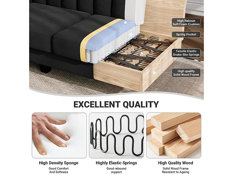 Reversible 3/4 -Setzer -Ecksofa in schwarzem Stoff - Meridian oder Pouf - vertikale Streifen - 208x76x85 cm