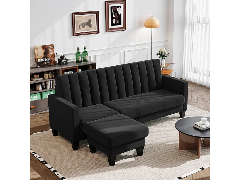 Reversible 3/4 -Setzer -Ecksofa in schwarzem Stoff - Meridian oder Pouf - vertikale Streifen - 208x76x85 cm