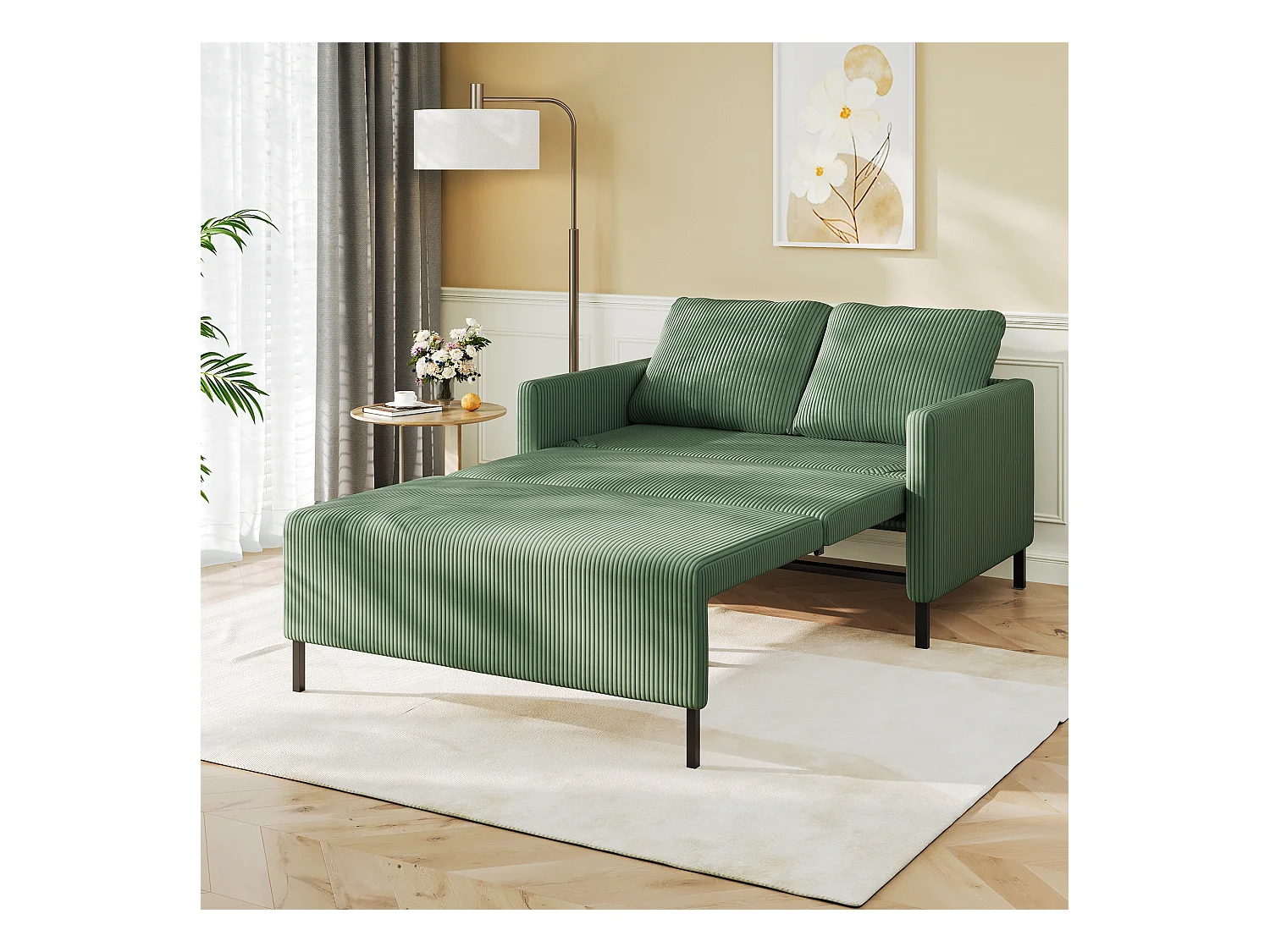 2-Sitzer Cabrio-Sofa-Klick-Klick, in grün gerippter Samt, 170 cm Schlaf, 10 cm Matratze, für Studio/Wohnzimmer/Schlafzimmer