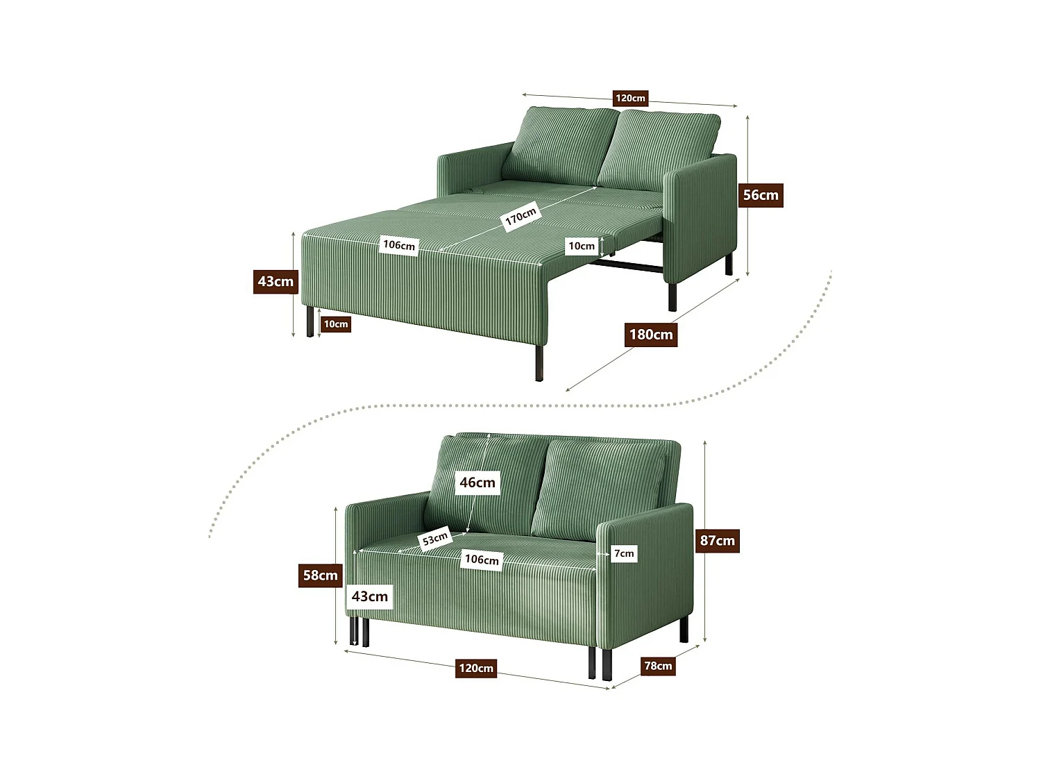 2-zits slaapbank, converteerbare fauteuil fauteuil bed 170 cm, voor studio woonkamer logeerkamer