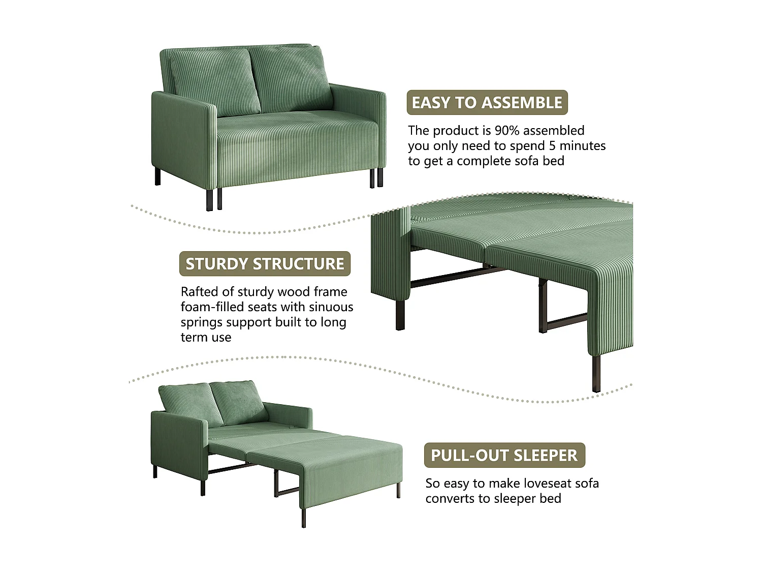 2-zits slaapbank, converteerbare fauteuil fauteuil bed 170 cm, voor studio woonkamer logeerkamer