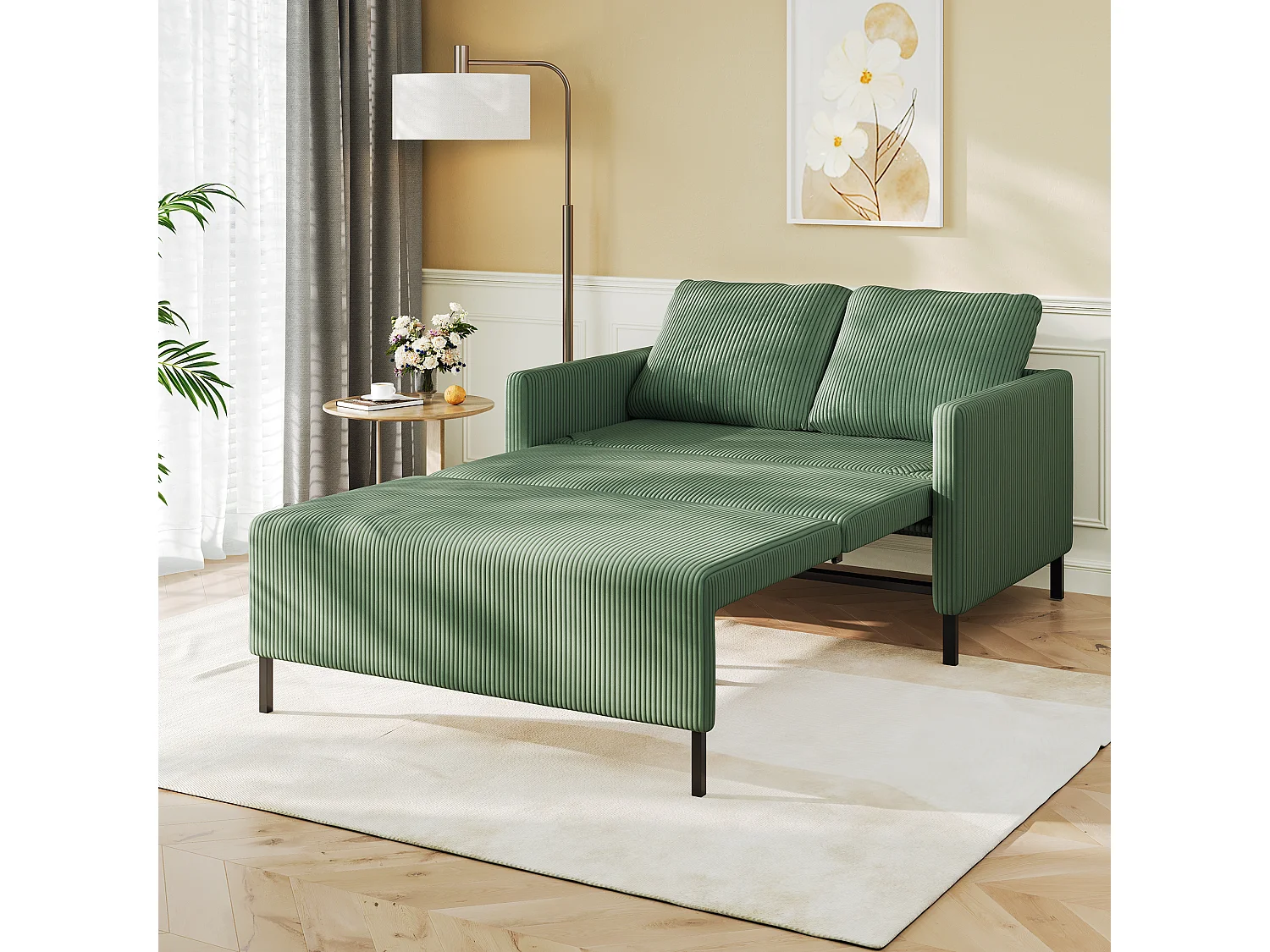 Canape 2 places convertible clic-clac, en Velours côtelé vert, Couchage 170 cm, Matelas 10 cm, pour Studio/Salon/Chambre