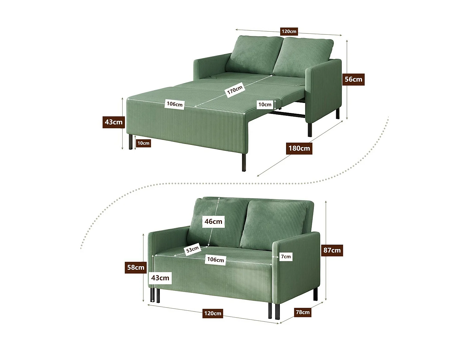 Canape 2 places convertible clic-clac, en Velours côtelé vert, Couchage 170 cm, Matelas 10 cm, pour Studio/Salon/Chambre