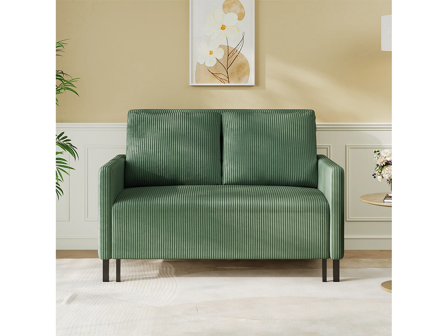 Canape 2 places convertible clic-clac, en Velours côtelé vert, Couchage 170 cm, Matelas 10 cm, pour Studio/Salon/Chambre
