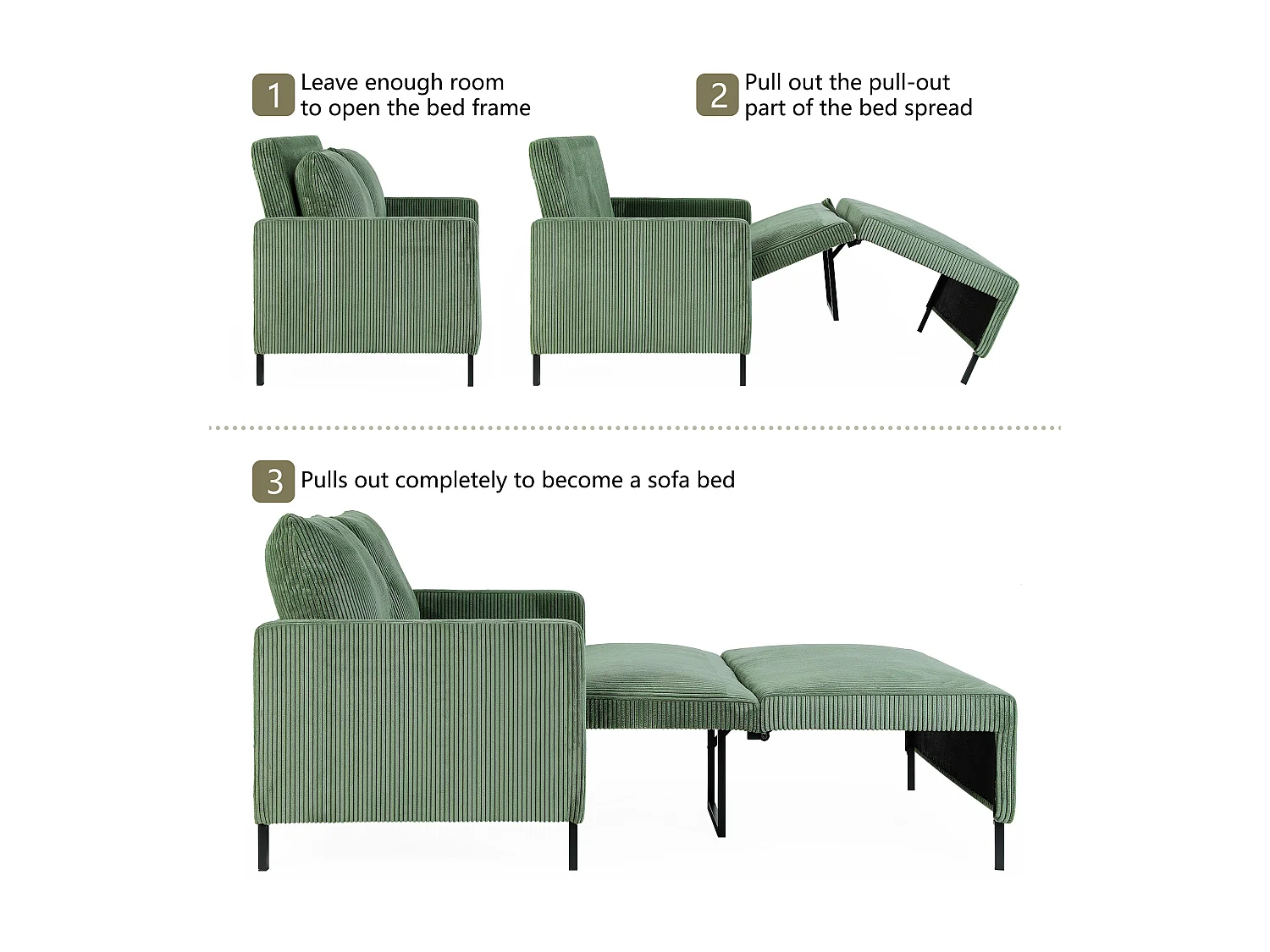 Canape 2 places convertible clic-clac, en Velours côtelé vert, Couchage 170 cm, Matelas 10 cm, pour Studio/Salon/Chambre