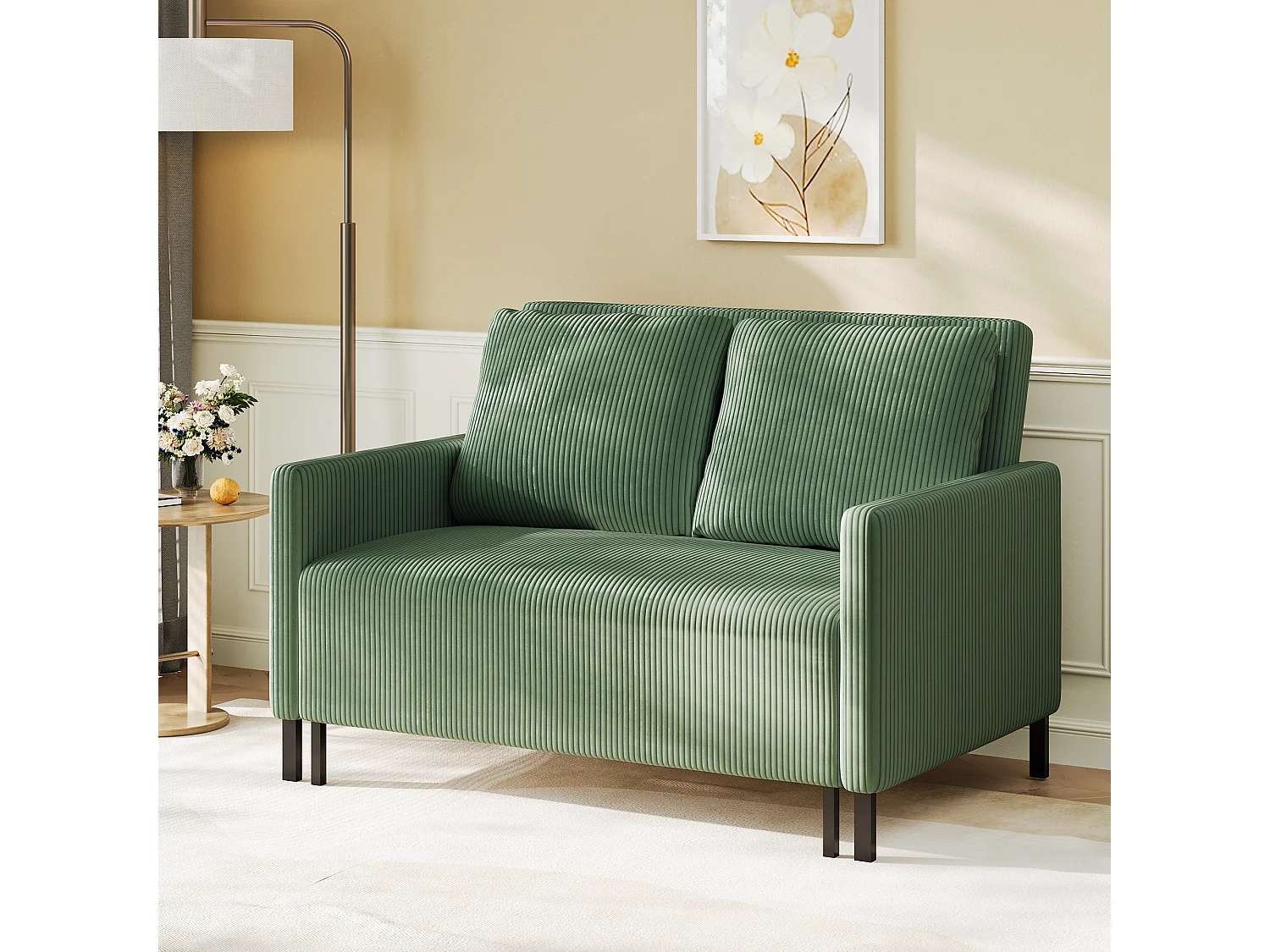 Canape 2 places convertible clic-clac, en Velours côtelé vert, Couchage 170 cm, Matelas 10 cm, pour Studio/Salon/Chambre