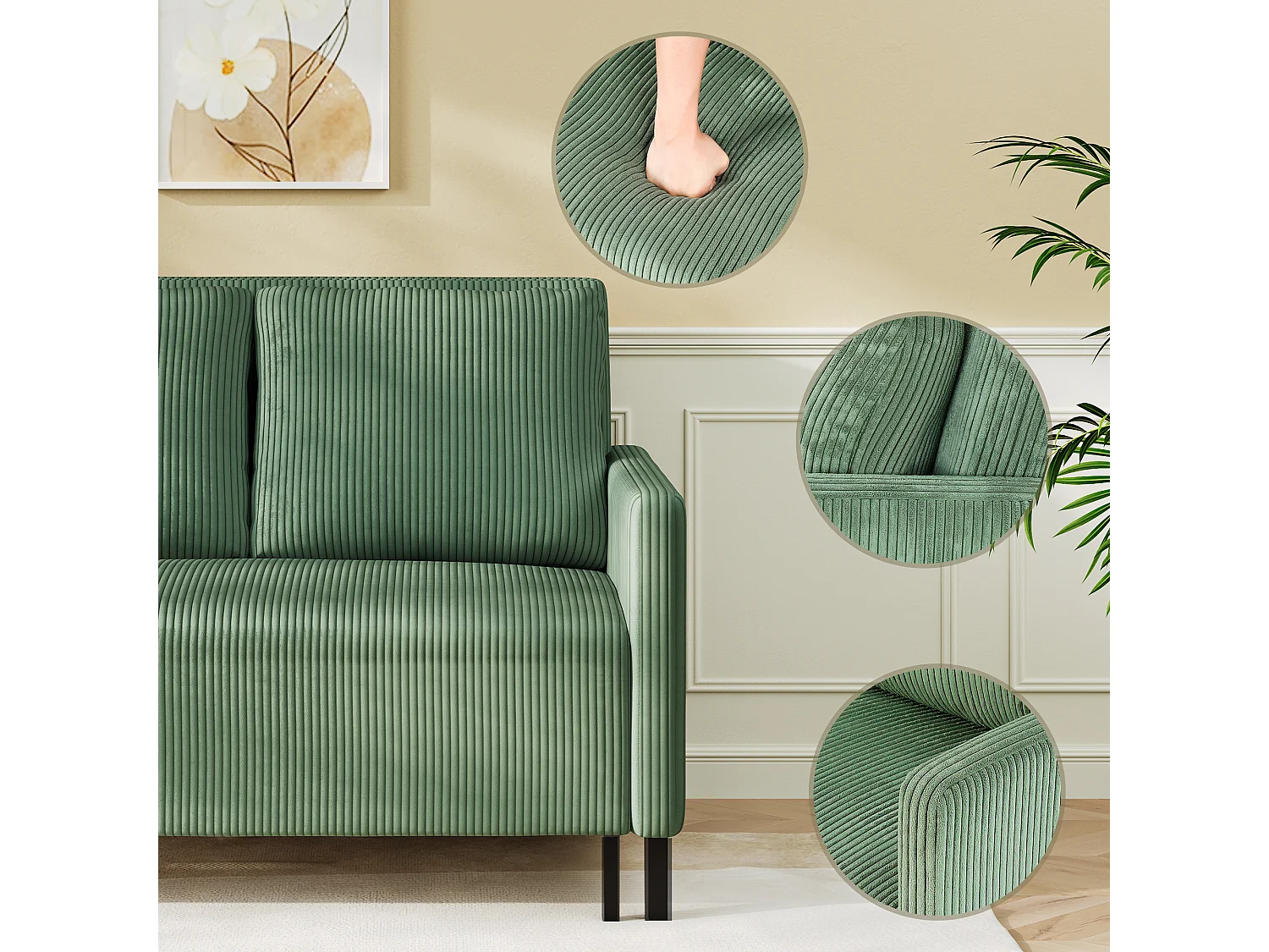 Canape 2 places convertible clic-clac, en Velours côtelé vert, Couchage 170 cm, Matelas 10 cm, pour Studio/Salon/Chambre