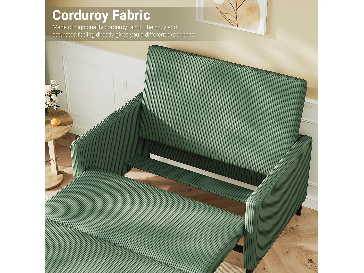 Canape 2 places convertible clic-clac, en Velours côtelé vert, Couchage 170 cm, Matelas 10 cm, pour Studio/Salon/Chambre