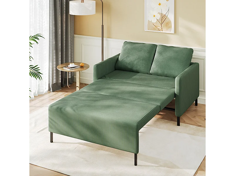 Canape 2 places convertible clic-clac, en Velours côtelé vert, Couchage 170 cm, Matelas 10 cm, pour Studio/Salon/Chambre