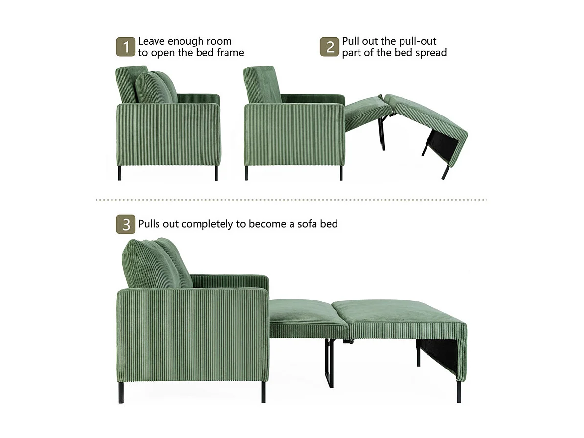 Canape 2 places convertible clic-clac, en Velours côtelé vert, Couchage 170 cm, Matelas 10 cm, pour Studio/Salon/Chambre