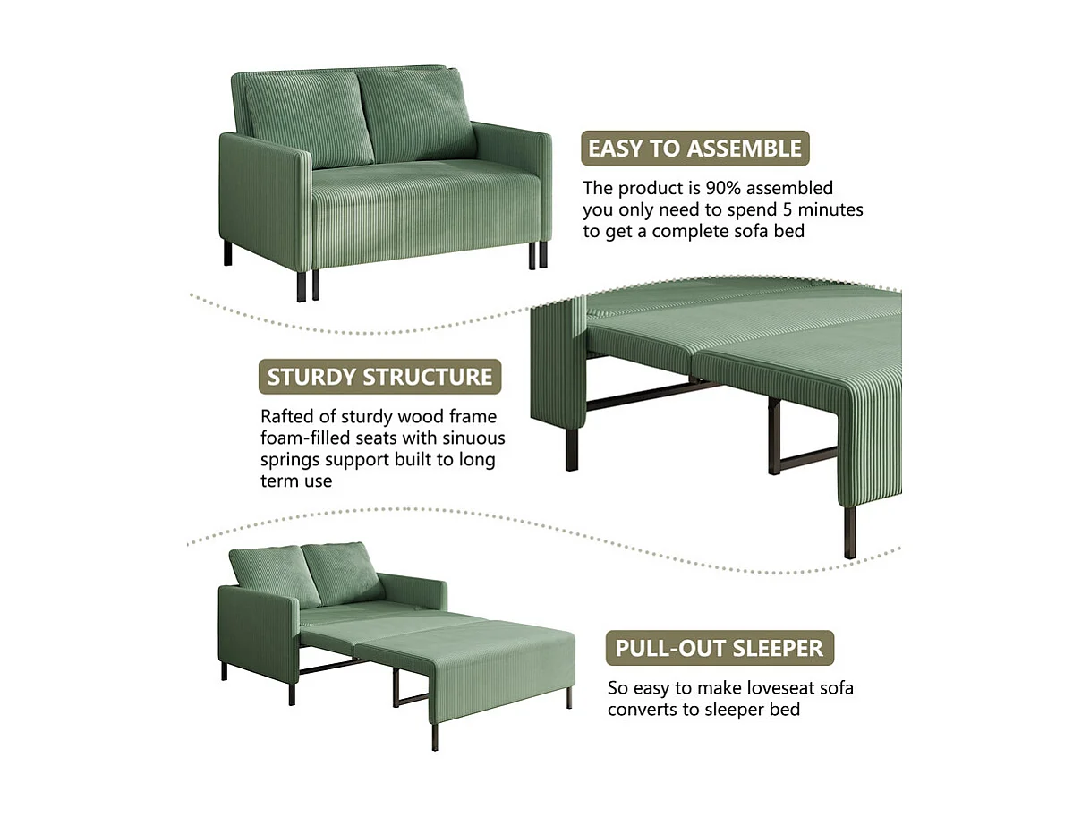 Canape 2 places convertible clic-clac, en Velours côtelé vert, Couchage 170 cm, Matelas 10 cm, pour Studio/Salon/Chambre