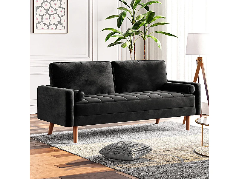 SOFA 2 -SEATER - con 2 cuscini - in velluto - piedi di legno - per camera da letto, soggiorno - 142x76x69cm - nero