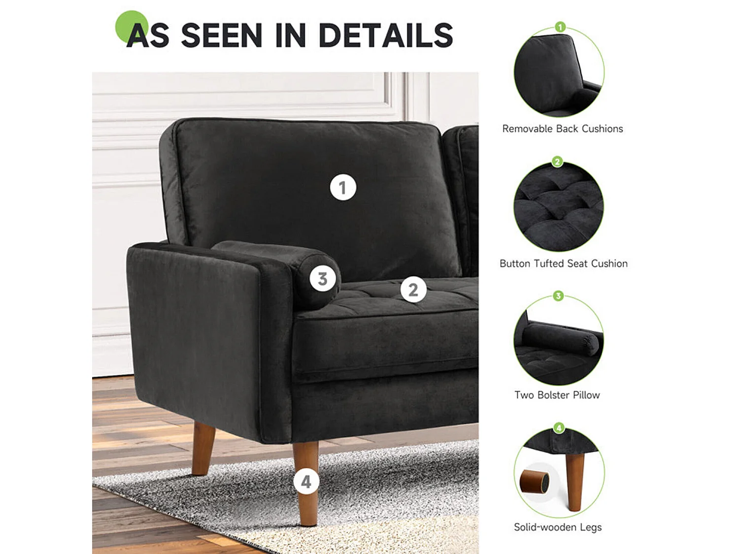 SOFA 2 -SEATER - con 2 cuscini - in velluto - piedi di legno - per camera da letto, soggiorno - 142x76x69cm - nero