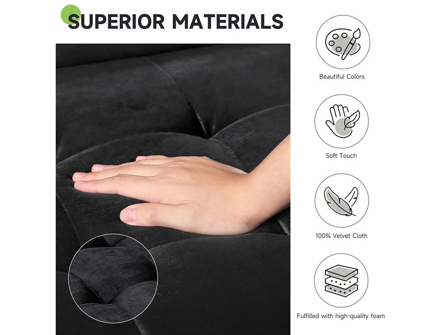 SOFA 2 -SEATER - con 2 cuscini - in velluto - piedi di legno - per camera da letto, soggiorno - 142x76x69cm - nero