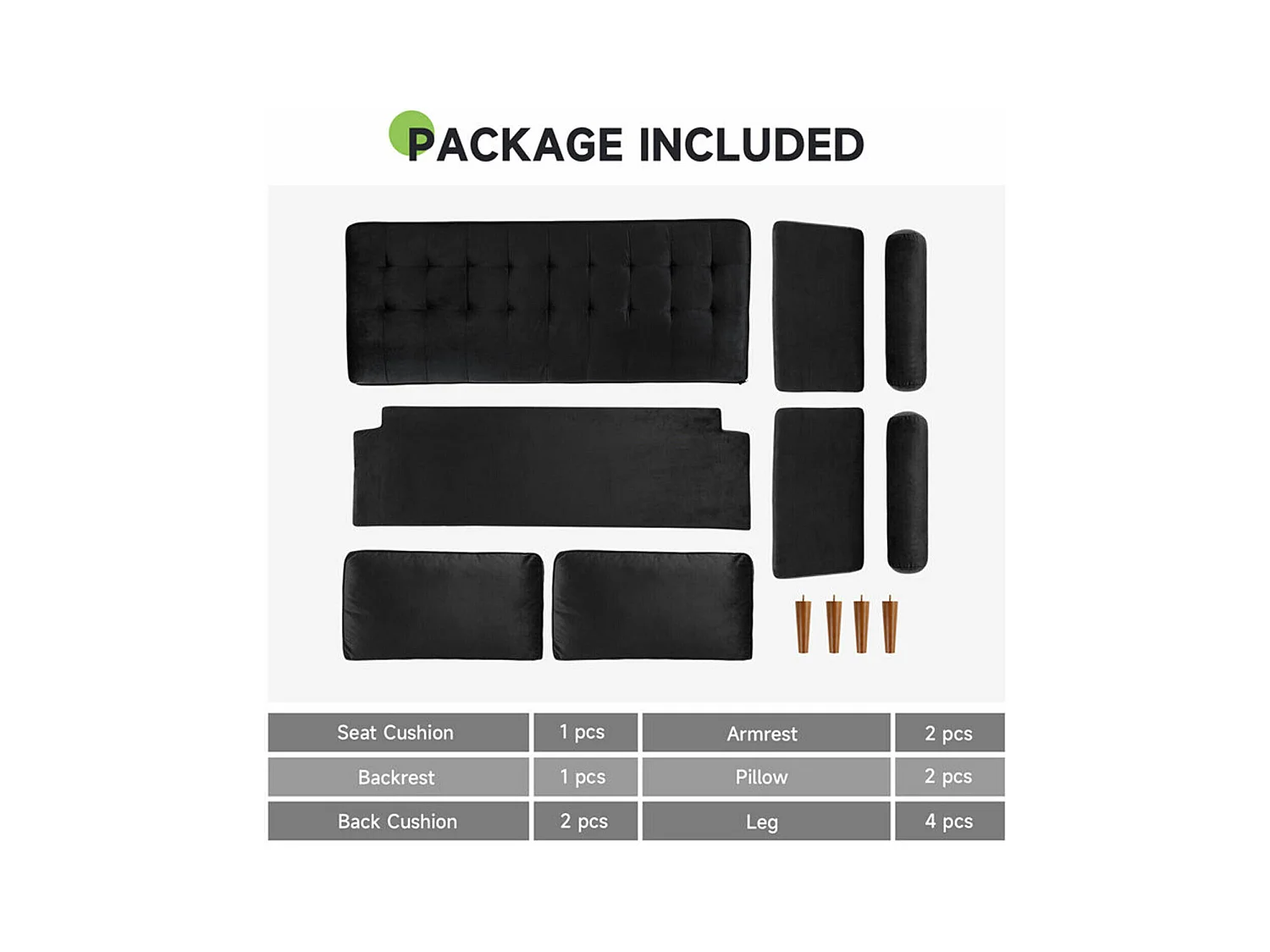 SOFA 2 -SEATER - con 2 cuscini - in velluto - piedi di legno - per camera da letto, soggiorno - 142x76x69cm - nero