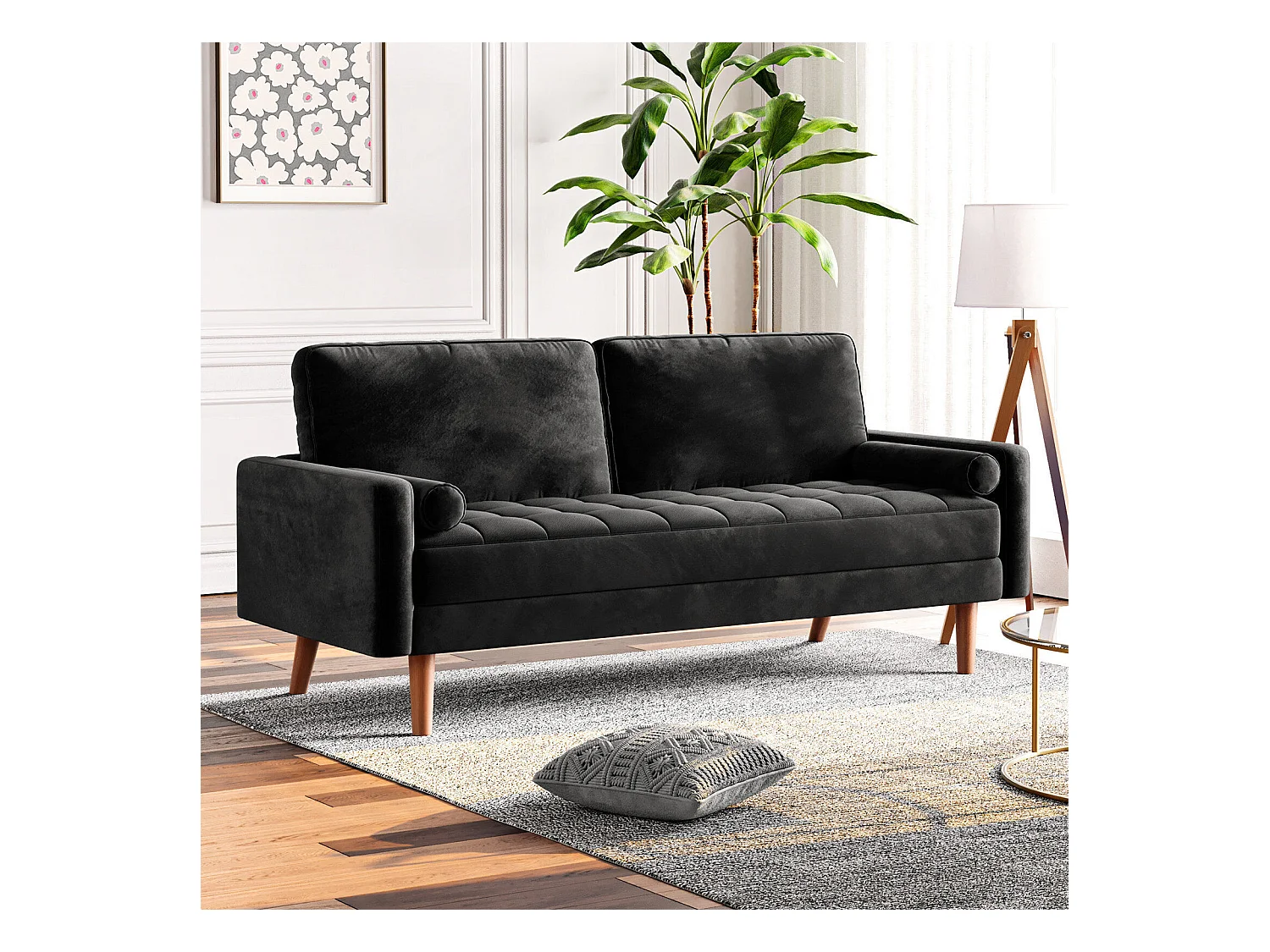Sofá de 2 a la plantilla - con 2 cojines - en terciopelo - Pies de madera - para dormitorio, sala de estar - 142x76x69cm - negro
