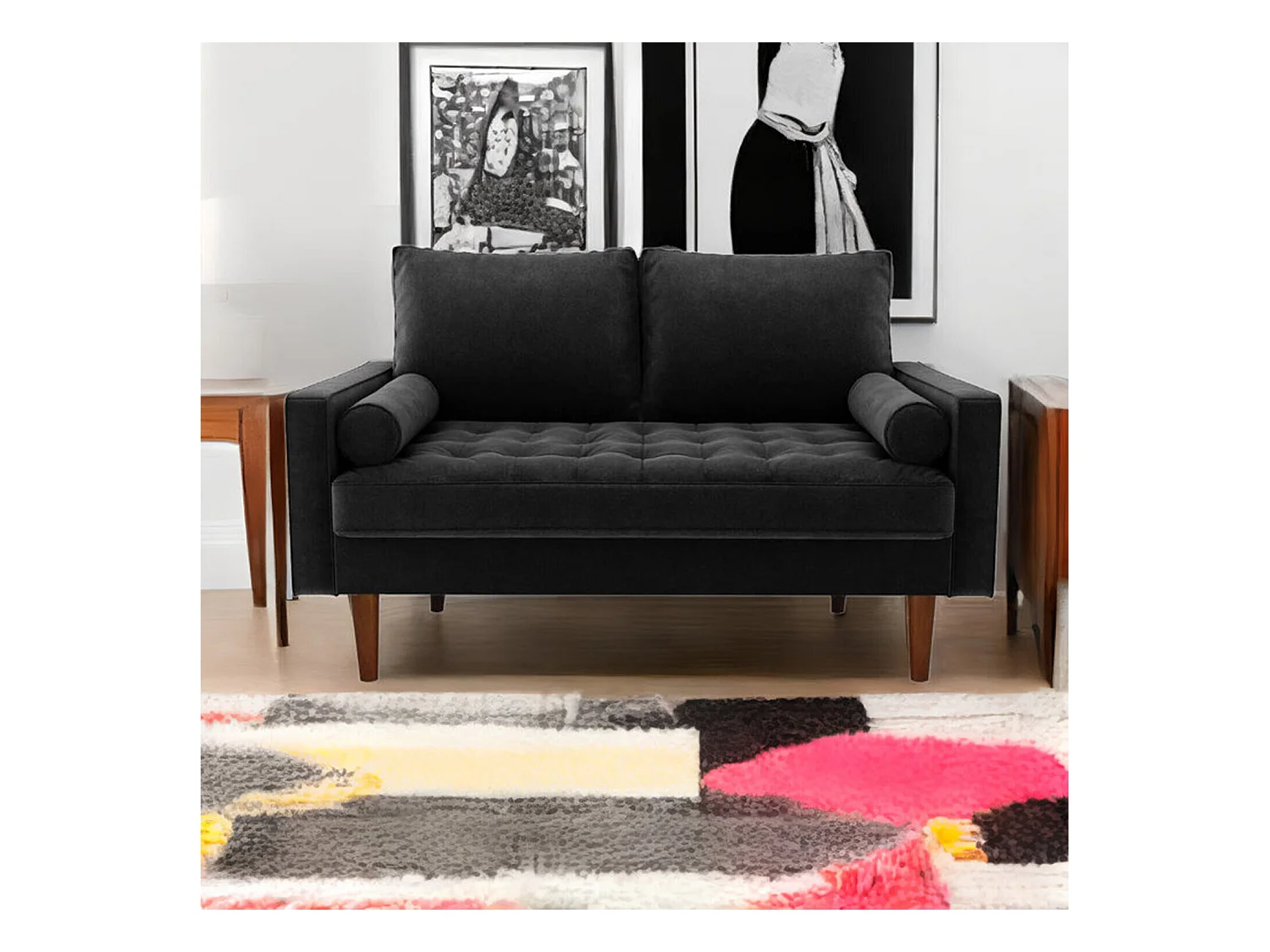 Canapé 2 places - avec 2 coussins - en Velours - Pieds en bois - pour Chambre à Coucher, Salon - 142x76x69cm - Noir