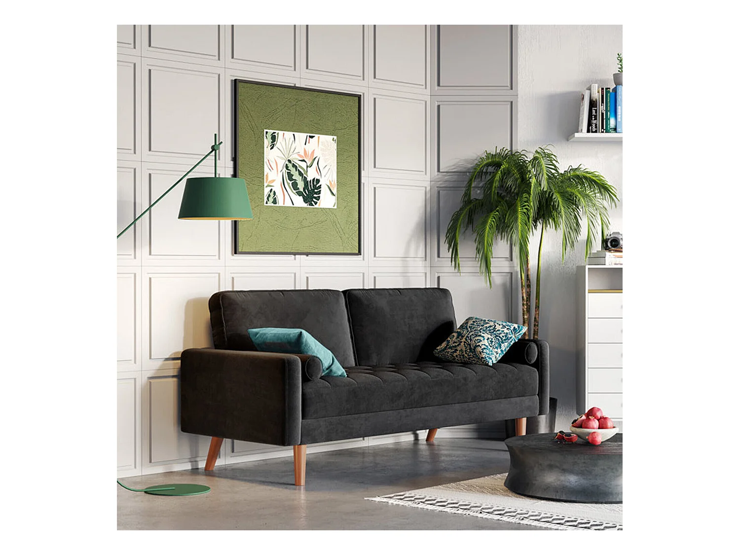 Canapé 2 places - avec 2 coussins - en Velours - Pieds en bois - pour Chambre à Coucher, Salon - 142x76x69cm - Noir