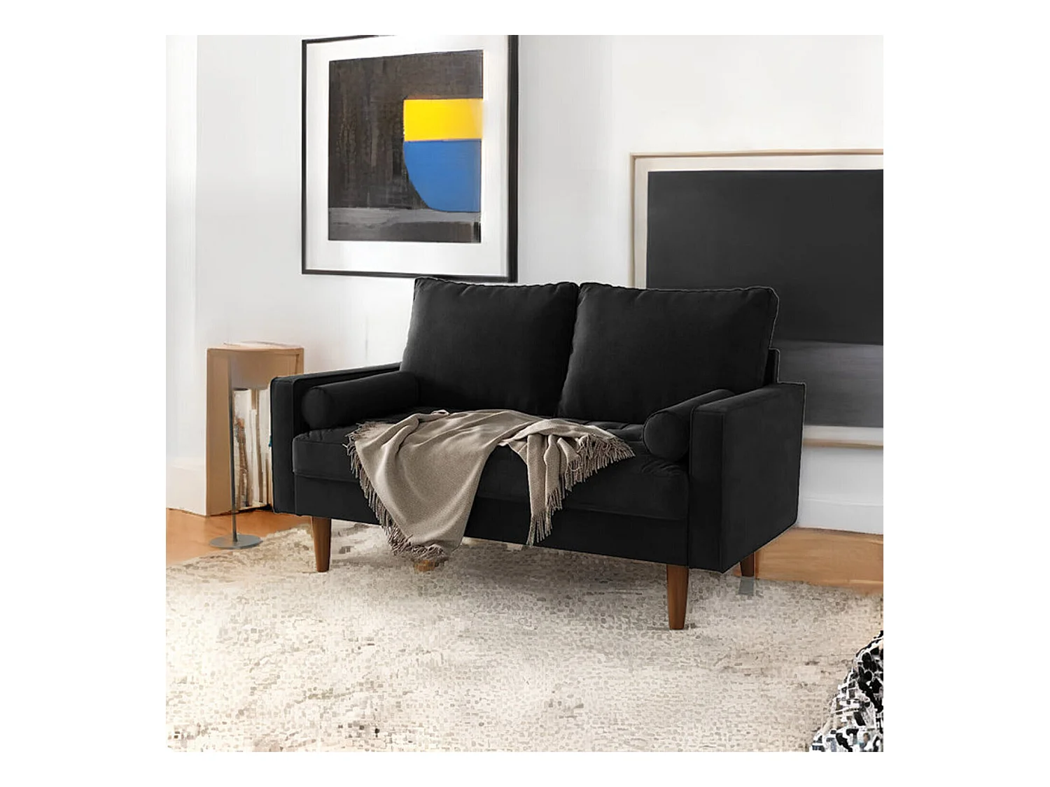 Canapé 2 places - avec 2 coussins - en Velours - Pieds en bois - pour Chambre à Coucher, Salon - 142x76x69cm - Noir