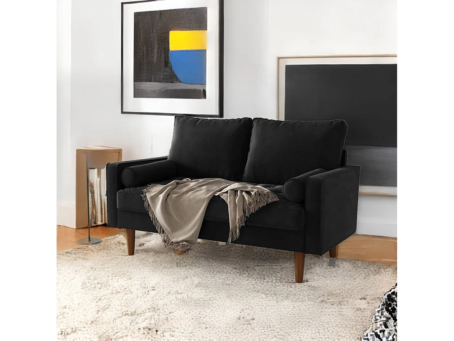 Canapé 2 places - avec 2 coussins - en Velours - Pieds en bois - pour Chambre à Coucher, Salon - 142x76x69cm - Noir