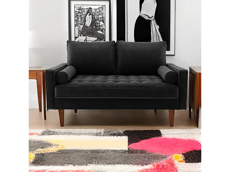 Canapé 2 places - avec 2 coussins - en Velours - Pieds en bois - pour Chambre à Coucher, Salon - 142x76x69cm - Noir